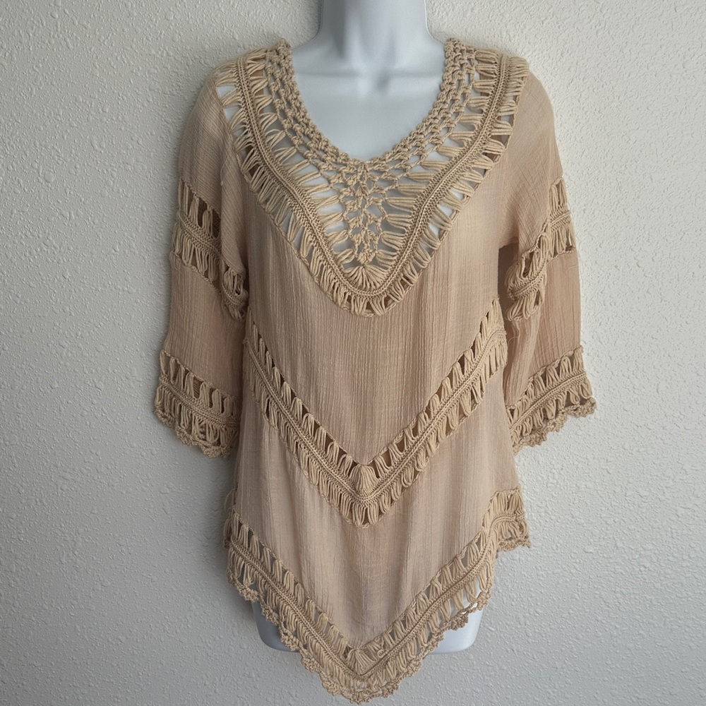 Rue21 Cream Tan Crochet Knit Boho Cover Up Top Size Small